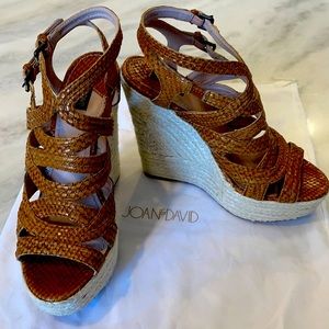 JOAN & DAVID Dasilbey strap brown leather wedges.